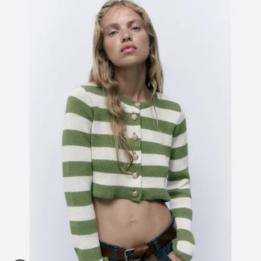 Zara Green Cream Fine Knit Striped Button Up Cropped Cardigan‎